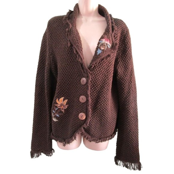 Floral Embroidered Fringe Brown Knit Sweater Vintage Lg FSD Michel Hong Kong GUC - Picture 1 of 16